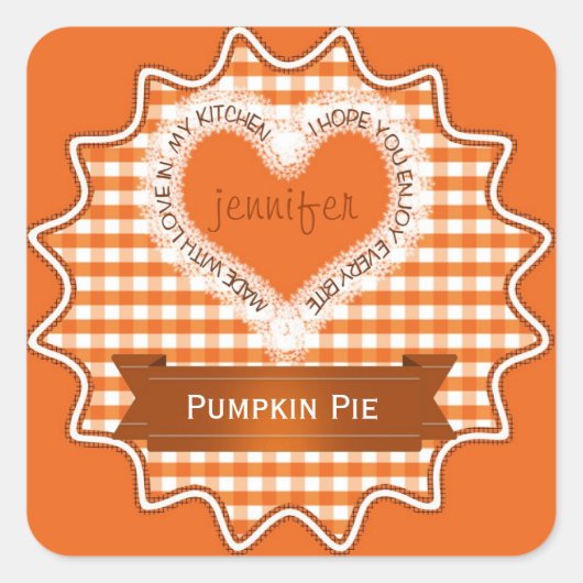 Gemaakt met liefde Gingham Sinaasappel Vierkante Sticker (Voorkant)