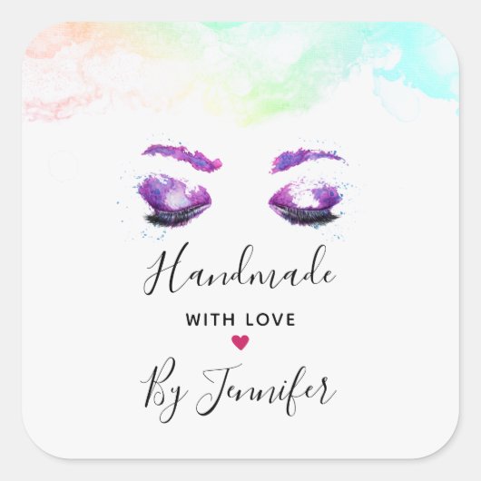 Gemaakt met Liefde Glamoureuze Paarse Eyes Waterve Vierkante Sticker (Voorkant)