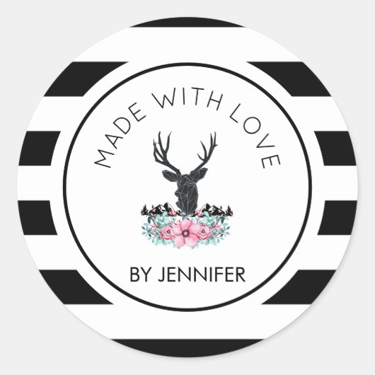 Gemaakt met Liefde Herten Hoofd w / Bloemen & Berg Ronde Sticker (Voorkant)