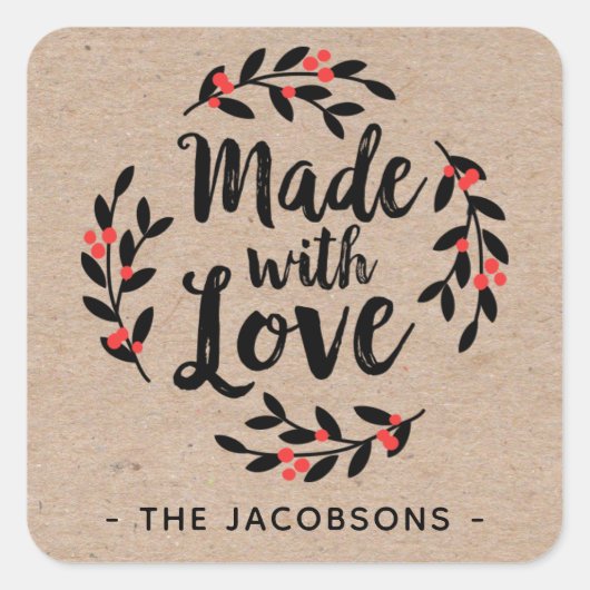 Gemaakt met liefde Kraft Rustic Square Sticker (Voorkant)
