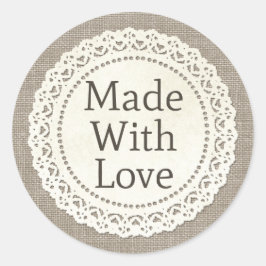Gemaakt met liefde landelijke kant randje op jute ronde sticker