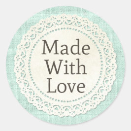 Gemaakt met liefde landelijke kant randje op jute ronde sticker