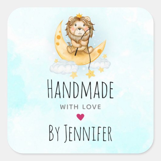 Gemaakt met Liefde Leuke Leeuw Gevist op de Maan Vierkante Sticker (Voorkant)