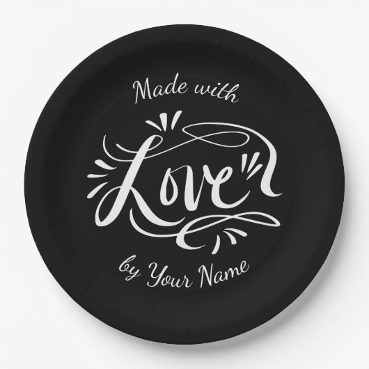 Gemaakt met liefde mooie hand geletterd zwart papieren bordje (Voorkant)