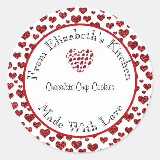 Gemaakt met Liefde Rode Harten Thuisgebakken Cadea Ronde Sticker (Voorkant)