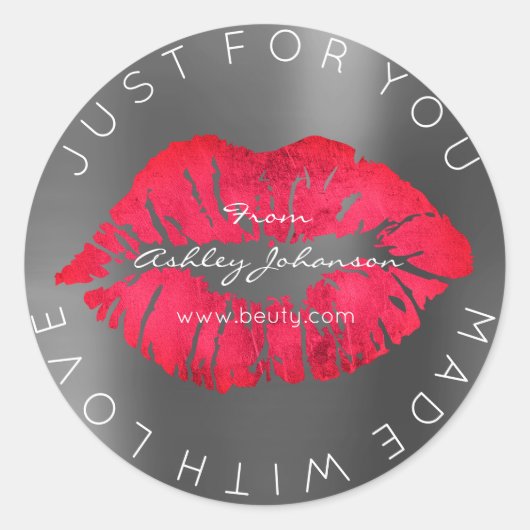 Gemaakt met liefde rode lippenstift grijze make-up ronde sticker (Voorkant)