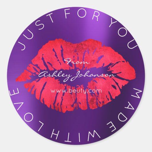 Gemaakt met liefde rode lippenstift Paarse make-up Ronde Sticker (Voorkant)