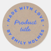 Gemaakt met Liefde | Rustieke Kraft Blauw Stijlvol Ronde Sticker (Voorkant)