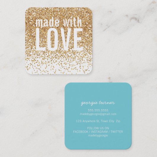 GEMAAKT MET LIEFDE schattig confetti goud glitter  Vierkante Visitekaartje (Voorkant / Achterkant)