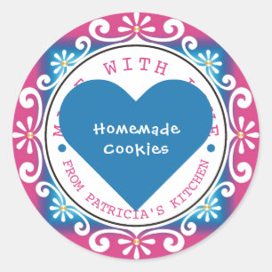 Gemaakt met liefde uit de keuken van roze blauw ronde sticker