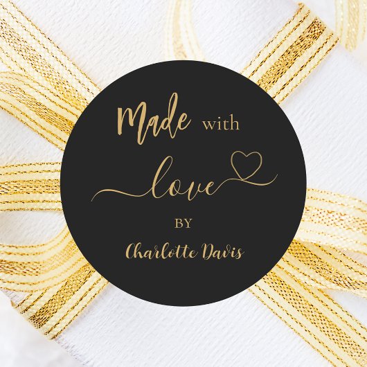 Gemaakt met liefde zwart goud naam ronde sticker