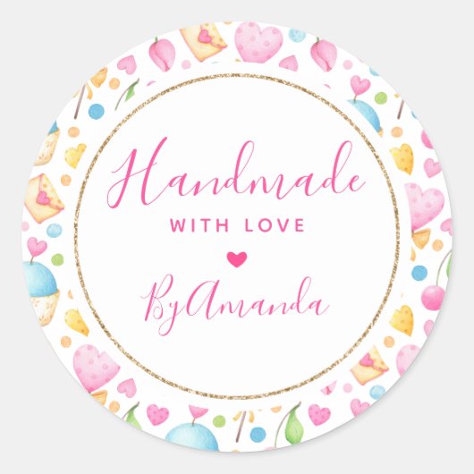 Gemaakt met liefdesharten en muffins patroon ronde sticker (Voorkant)