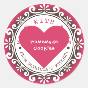 Gemaakt met liefdeskoekjes uit de keuken van roze ronde sticker