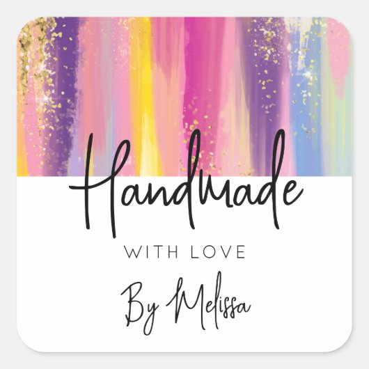 Gemaakt met liefdesregenboogstripes met Gold Glitt Vierkante Sticker (Voorkant)