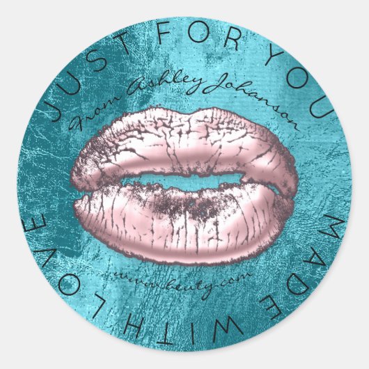 Gemaakt met liefdesroze kiss Turqoise Makeup Lips Ronde Sticker (Voorkant)