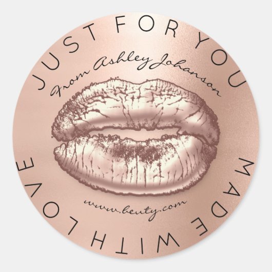 Gemaakt met liefdesroze kus Roos Gold Makeup Lips Ronde Sticker (Voorkant)