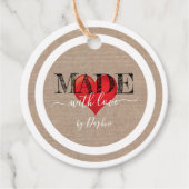Gemaakt met liefdesscript Red Heart op linnen text Bedankjes Labels (Voorkant)