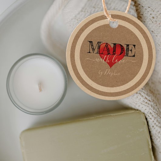 Gemaakt met liefdesscript Red Heart op linnen text Bedankjes Labels