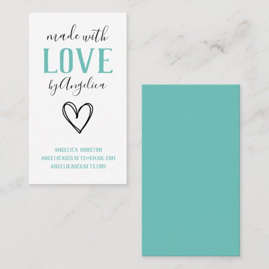 Gemaakt met liefdesscript, Turquoise Heart Visitekaartje (Voorkant / Achterkant)