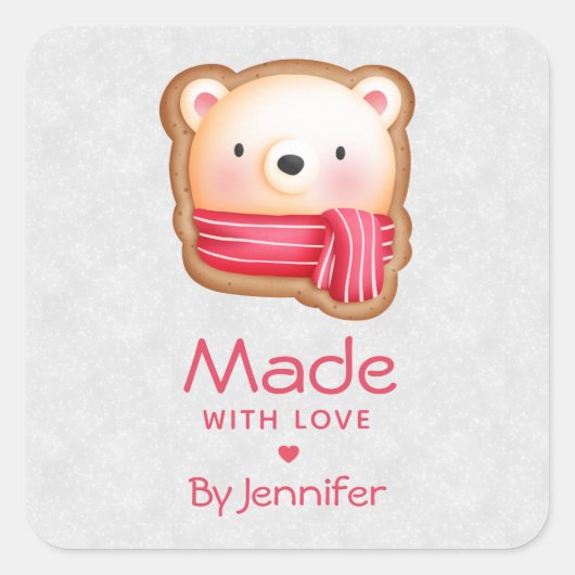 Gemaakt met Love Cute Beer Face in een Red Scarf Vierkante Sticker (Voorkant)
