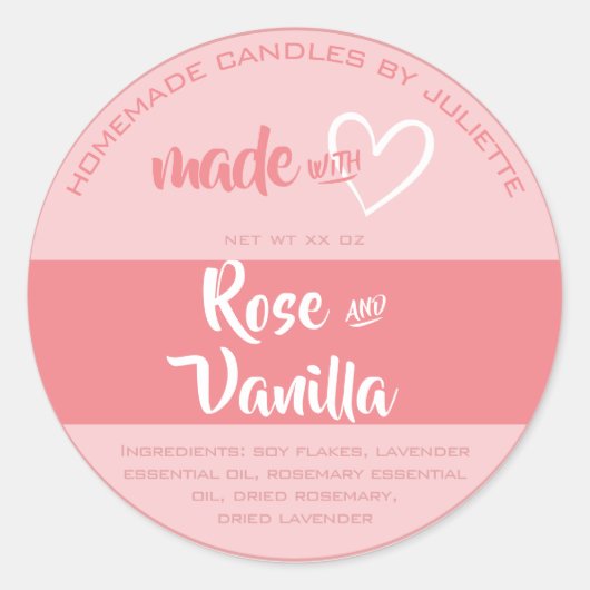 Gemaakt met Love Heart Candles Verpakking Roos Roz Ronde Sticker (Voorkant)