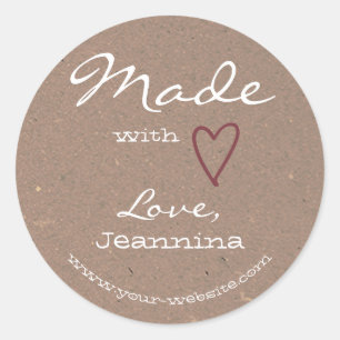 Gemaakt met Love Heart Symbool Bruin Kraft Papier Ronde Sticker