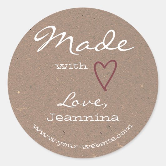 Gemaakt met Love Heart Symbool Bruin Kraft Papier Ronde Sticker (Voorkant)