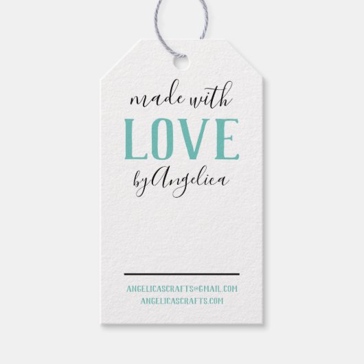 Gemaakt met Love Script Turquoise Craft Show Cadeaulabel (Voorkant)