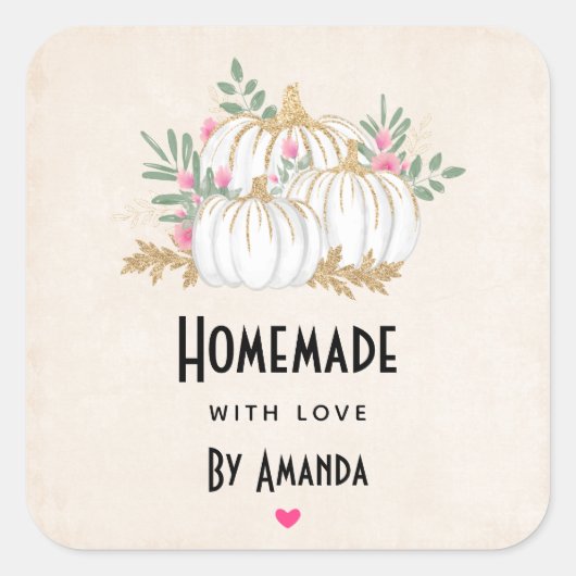 Gemaakt met Love White en Gold Pumpkins Waterverf Vierkante Sticker (Voorkant)