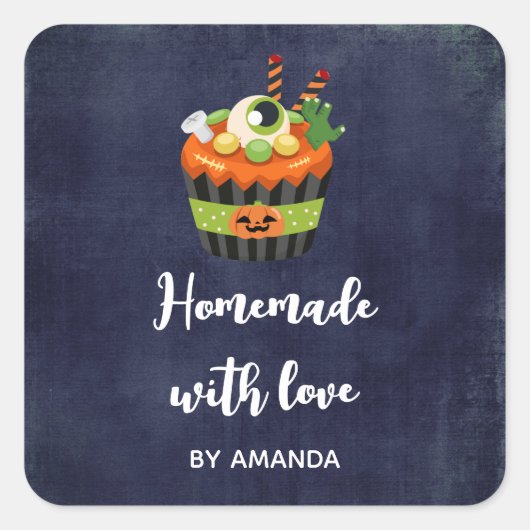 Gemaakt van Love Cute & Creepy Halloween Cupcake Vierkante Sticker (Voorkant)