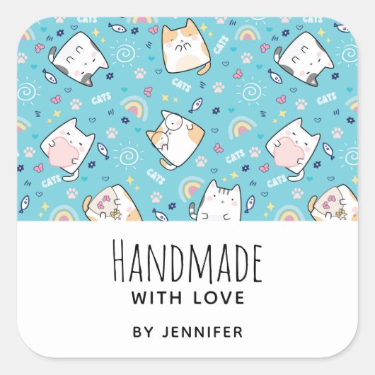Gemaakt van Love Cute Kitty Cat Pattern Vierkante Sticker (Voorkant)