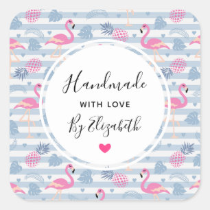 Gemaakt van Love Whimsical Flamingo & Pineapple Vierkante Sticker