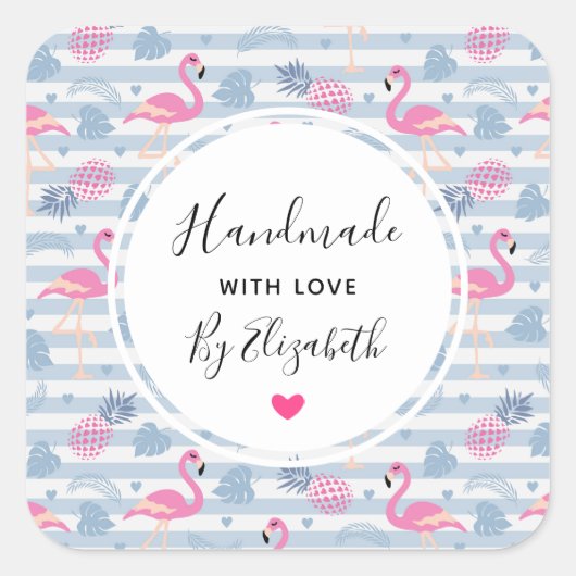 Gemaakt van Love Whimsical Flamingo & Pineapple Vierkante Sticker (Voorkant)