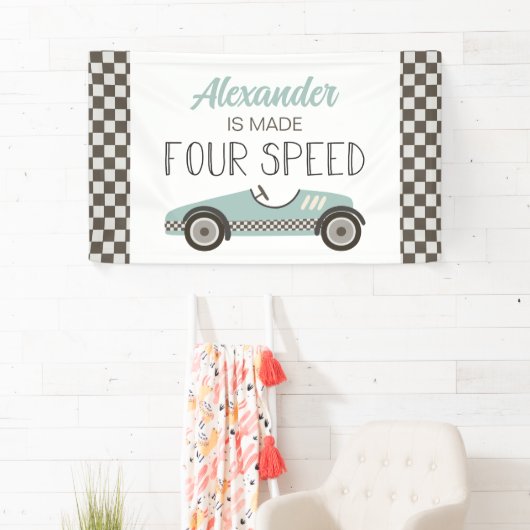 Gemaakt VIER Snelheid Blauwe Race Auto 4e Verjaard Spandoek (Insitu)