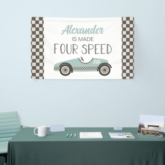 Gemaakt VIER Snelheid Blauwe Race Auto 4e Verjaard Spandoek (Beurs)