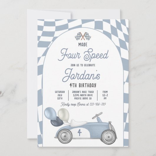 Gemaakt vier snelheid rode race auto 4e verjaardag kaart (Voorkant)
