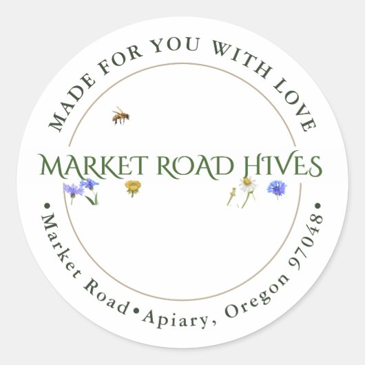 Gemaakt voor u met Liefde Wildflower Apiary Honey  Ronde Sticker (Voorkant)