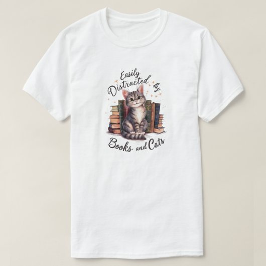 Gemakkelijk afgeleid door boeken en katten t-shirt (Design voorkant)