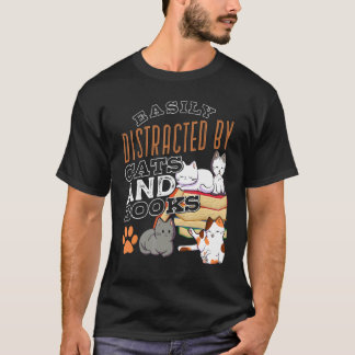 Gemakkelijk Afgeleid Door Katten en Boeken Zwarte  T-shirt