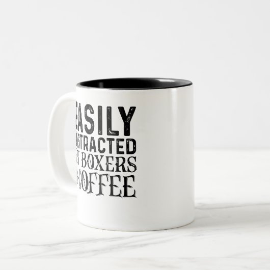 Gemakkelijk verstoord door dozen en koffie tweekleurige koffiemok (Voorkant links)