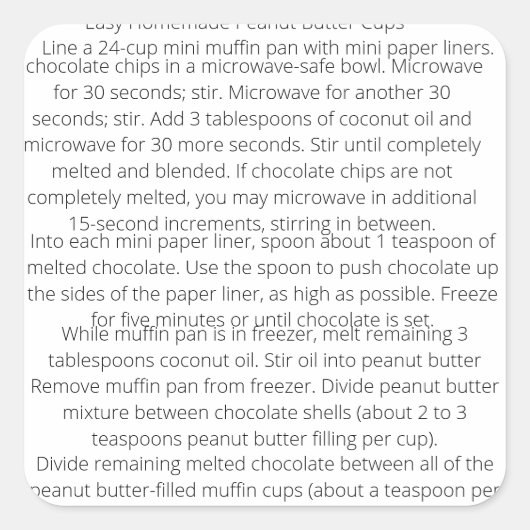 Gemakkelijk Zelfgemaakt Pindakaas Cups Recept voor Vierkante Sticker (Voorkant)