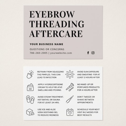 Gemakkelijke Eyebrow Threading Aftercare Kaart (Voorkant /achterkant)
