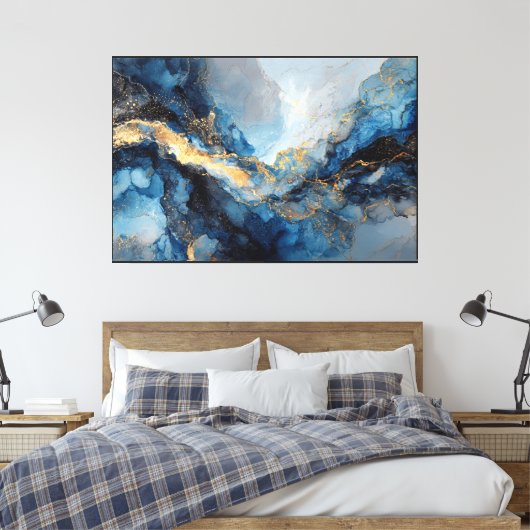 Gemarmerd Blauw & Goud Ader Abstract Canvas Afdruk (Insitu (Slaapkamer))