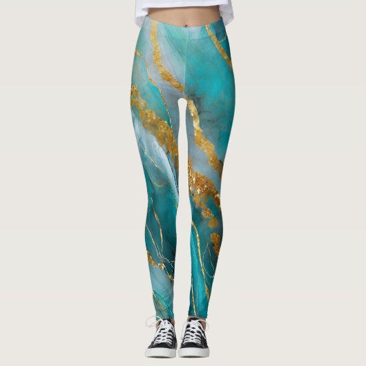 Gemarmerd Blauwgroen Goud Elegant Leggings (Voorkant)