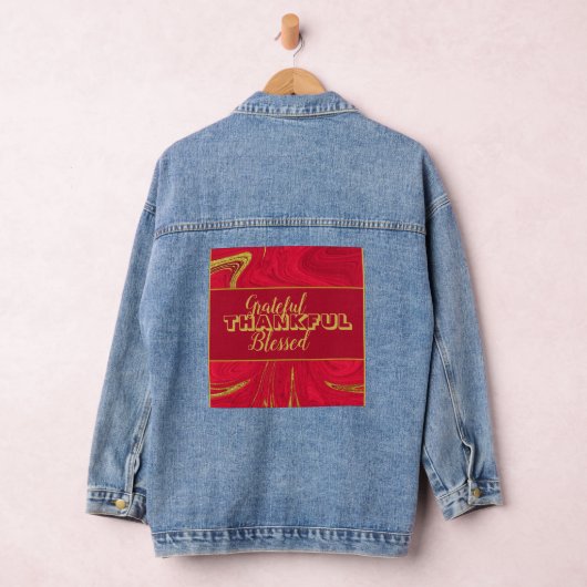 Gemarmerd "dankbaar, dankbaar, gezegend" rood goud denim jacket (Hangar)