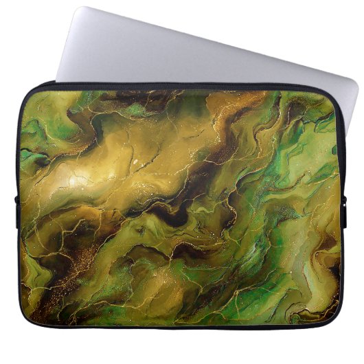 Gemarmerd effect in groen en goud laptop sleeve (Voorkant)