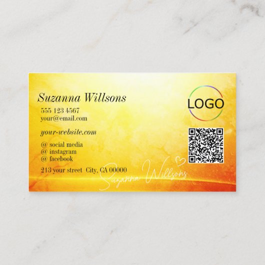 Gemarmerd Geel Sinaasappel Gebogen Decor Logo QR C Visitekaartje (Achterkant)