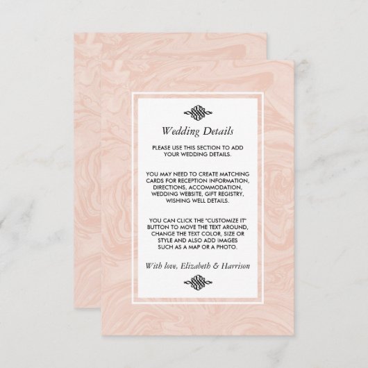 Gemarmerd Roos Elegant Vintage Trouwdetail Informatiekaartje (Voorkant / Achterkant)