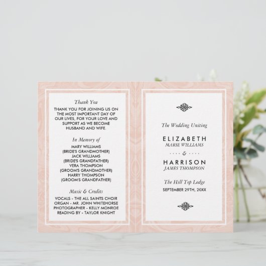 Gemarmerd Roos Elegant Vintage Trouwprogramma (Staand voorkant)