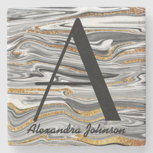 Gemarmerd Zwart Wit en Glitter Goud Monogram Naam Stenen Onderzetter